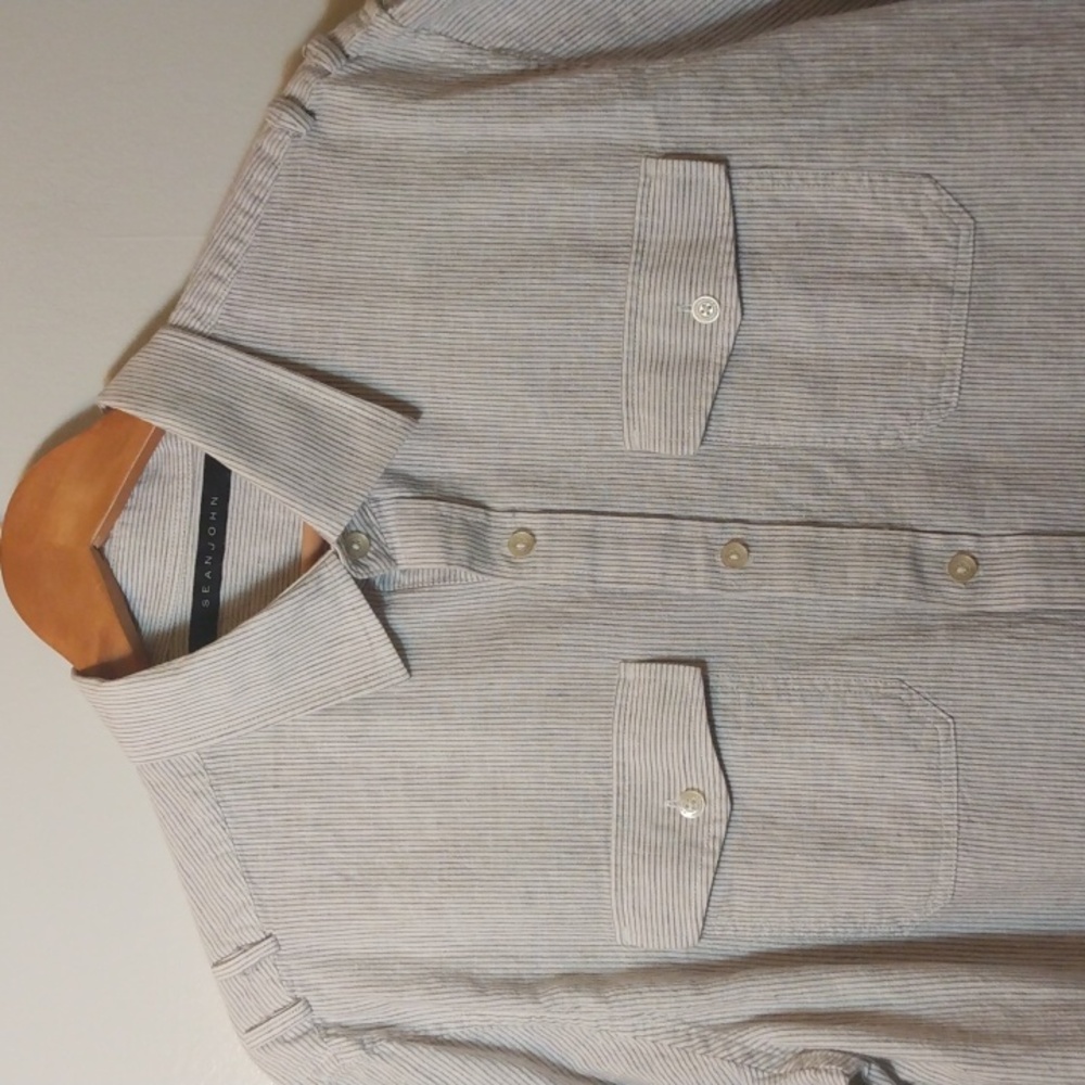 Sean John XL Linen/Cotton Safari Bush Style Shirt - White + Gray Stripes
